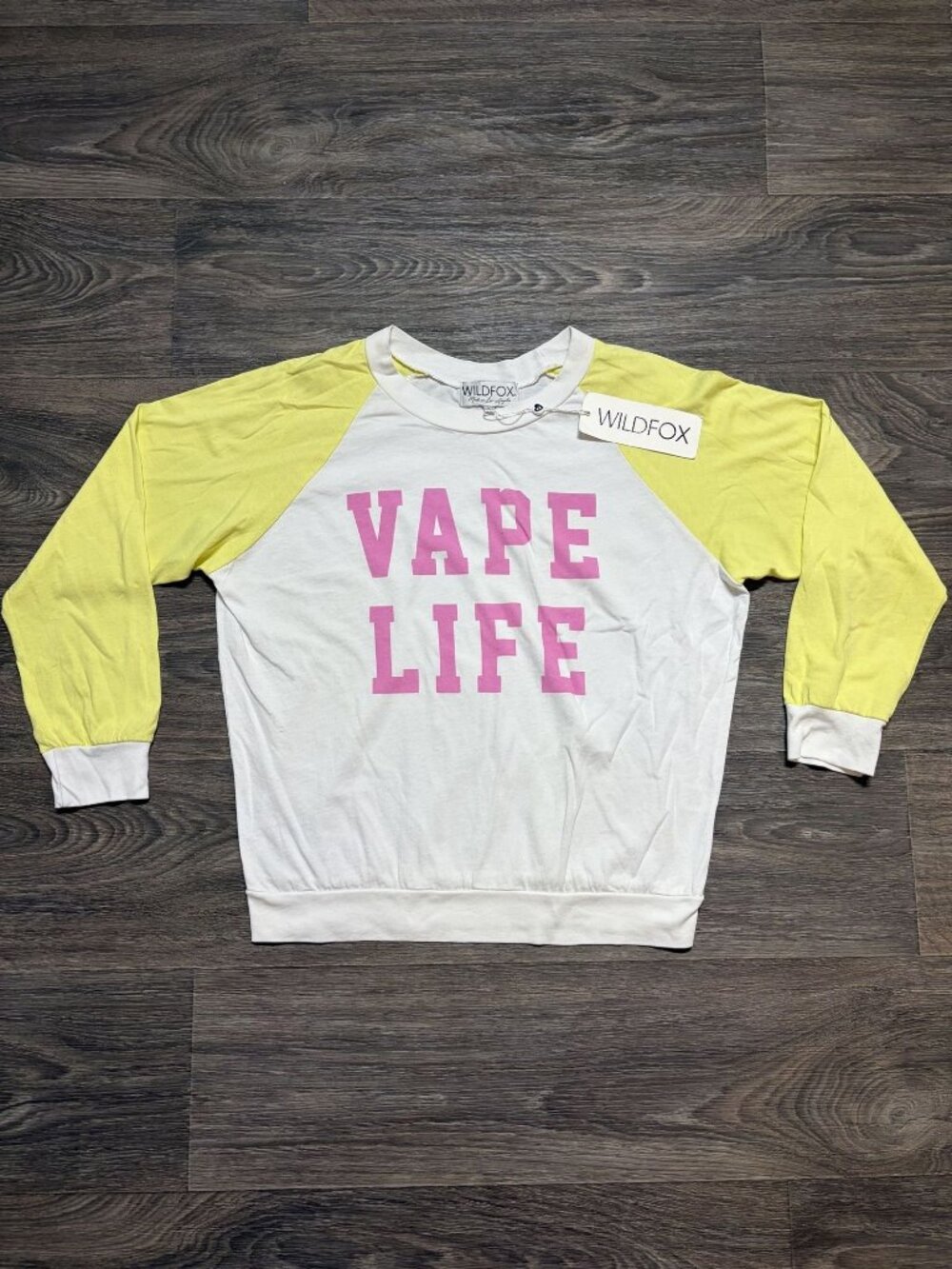 Wildfox Vape Life Raglan Large Yellow White Cotton Long Sleeve Festival NEW